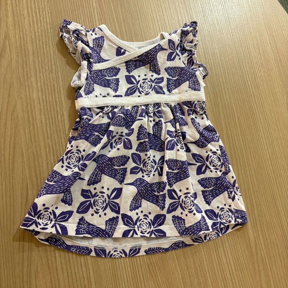 Tea Collection Bird and Floral Print Dress 3-6 Months Purple White Short Sleeve